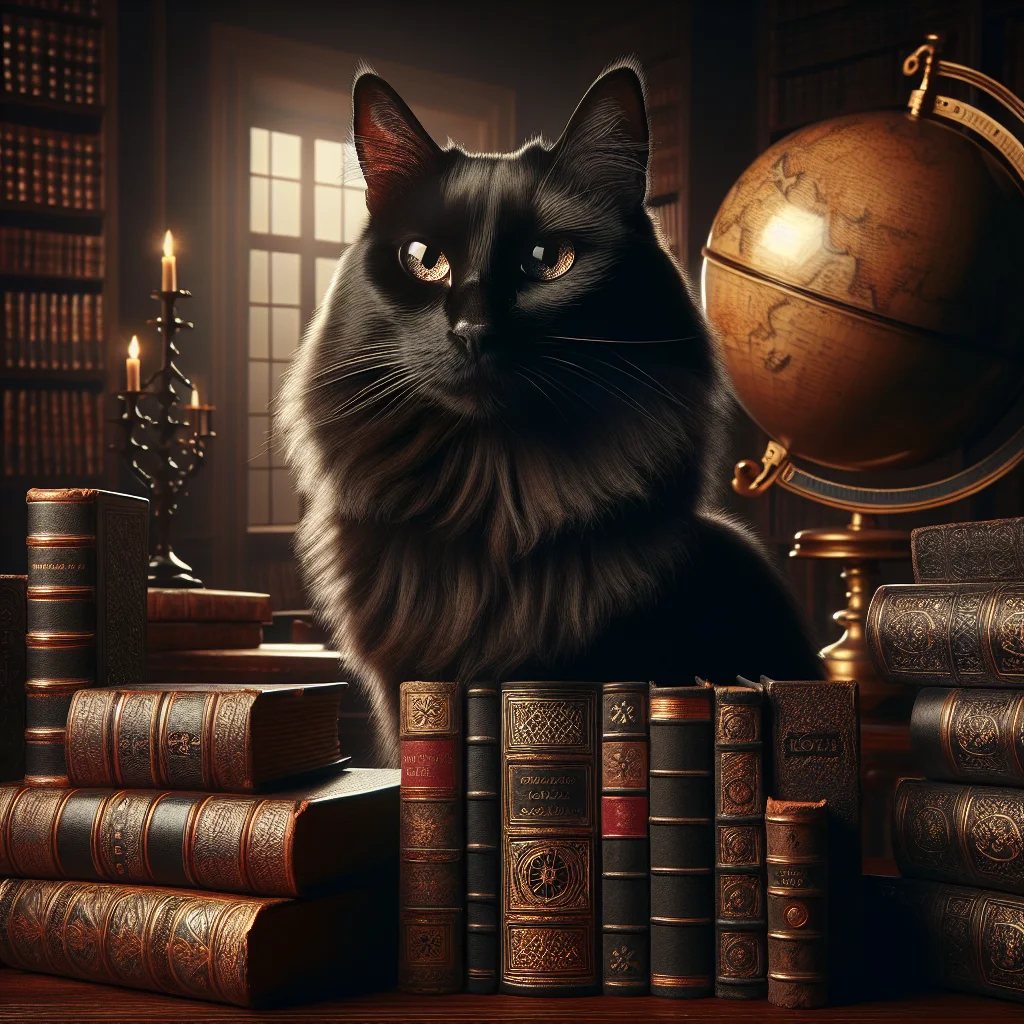 Mysterious black cat on ancient books