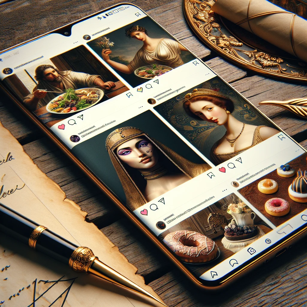Artistic portrayal of historical figures as Instagram influencers