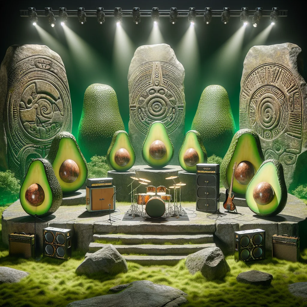 Avocado-themed rock band illustration