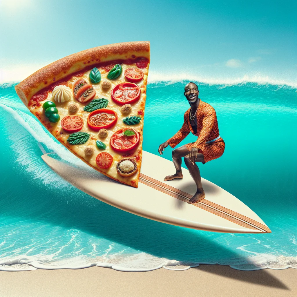 An adventurous surfer on a pizza board