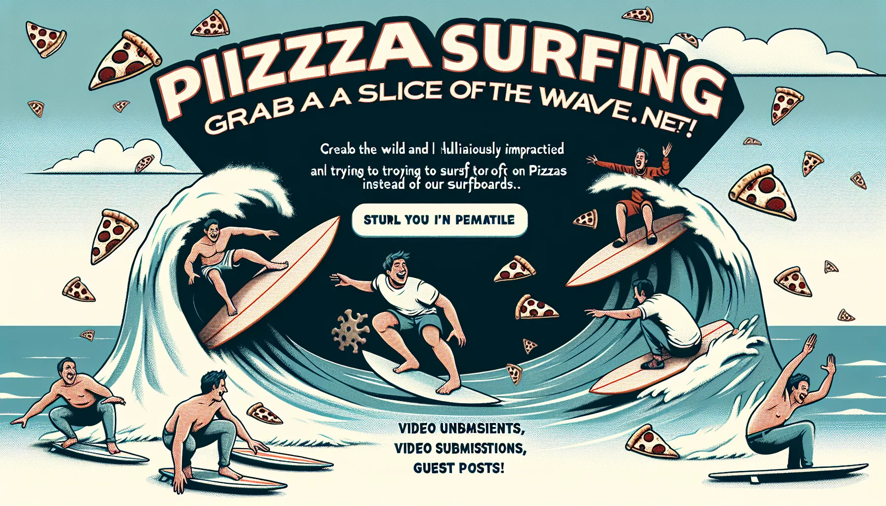 A surfer riding a wave on a pizza